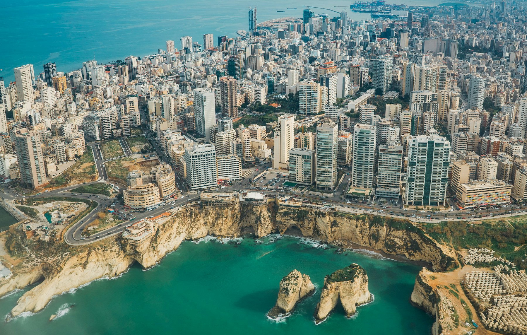 Beirut's Mediterranean coastline and the Raouché sea rocks